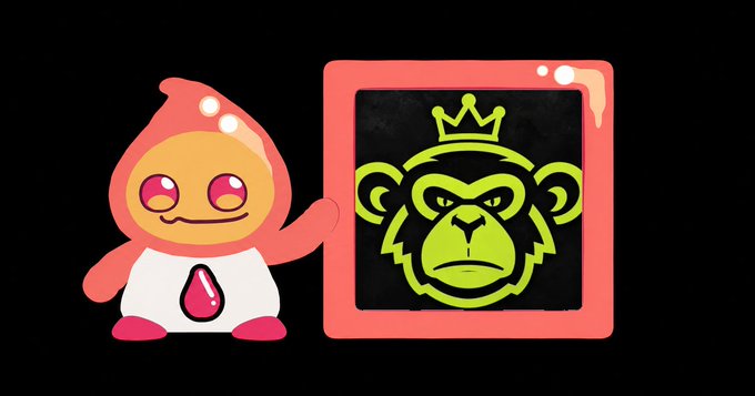 A cartoon illustration of a pink-hooded character standing next to a green gorilla/monkey logo wearing a crown on a pink background.