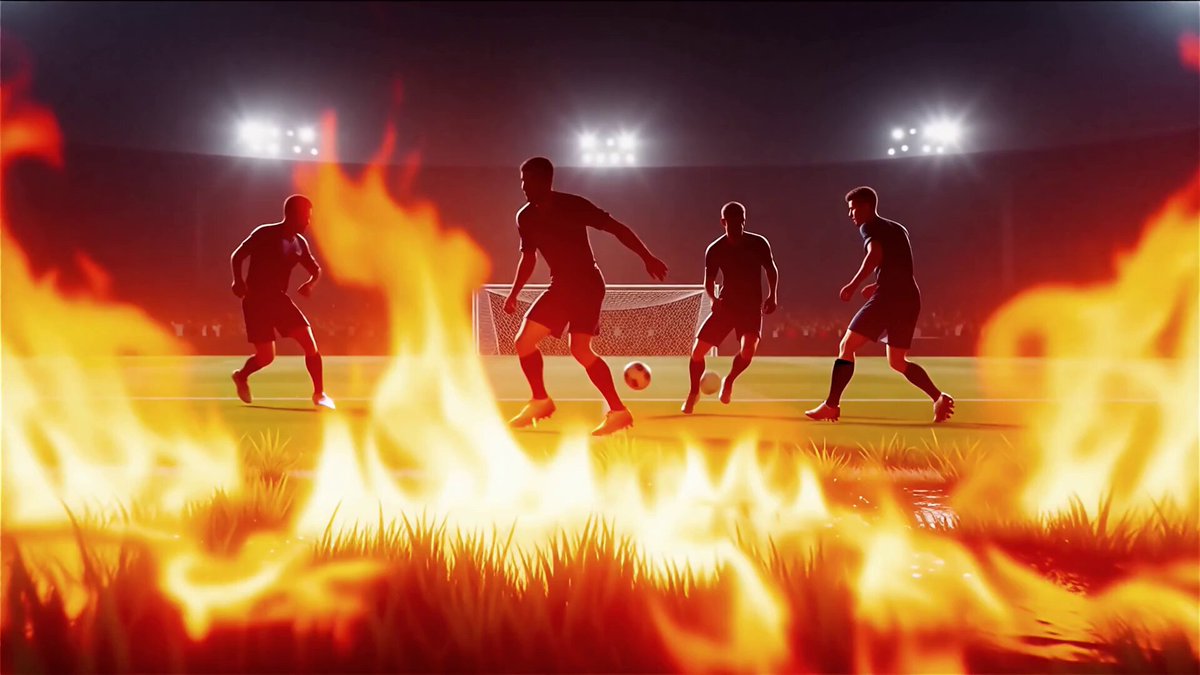 The image features a group of soccer players dressed in black, with one player wearing a red shirt. The scene takes place at night, with a fire burning behind them, creating an intense atmosphere. The players are positioned around a goal, which is located near the center of the image. The background shows a stadium filled with lights, emphasizing the nighttime setting and adding to the dramatic effect.