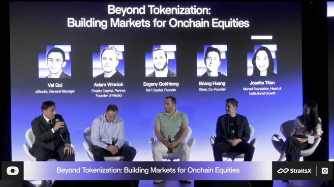 Panel discussion titled 'Beyond Tokenization: Building Markets for Onchain Equities' featuring Val Gui (xSecio), Adam Winnick (Medici), Evgeny Gokhberg (R7 Capital), Briang Huang (Glide), and Juanita Titan (Monad Foundation), streamed on StraitsX.