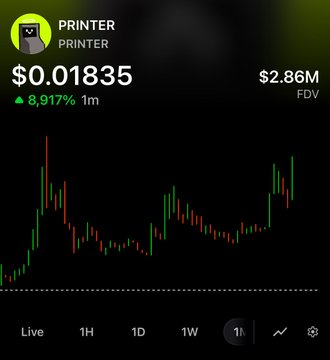 A cryptocurrency price chart for the token 'PRINTER' showing a current price of $0.01835, up 8.917% over 1 month, with a fully diluted valuation (FDV) of $2.86M.