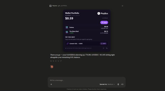 The image shows a Claude AI chat interface displaying a PayBox wallet portfolio snapshot showing $0.59 total, with $6.44 in Solana and $0.15 in "The Black Bull" (ANSEM) showing a -3.85% change, along with a USDC wallet address. The text below confirms the user's $ANSEM purchase mentioning a 774,981 ANSEM (-$0.149) position, illustrating how the user bought the token directly through PayBox's chatbot integration mid-conversation.