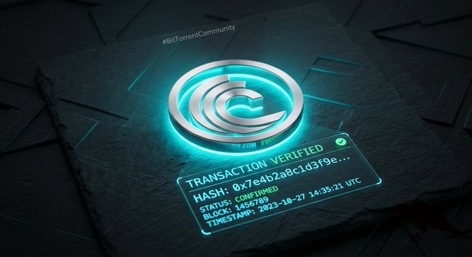A glowing teal cryptocurrency transaction verification emblem on a dark stone surface, displaying 'TRANSACTION VERIFIED,' a hash code beginning with '0x7e4b2a8c1d3f9e,' status 'CONFIRMED,' block '1456789,' and timestamp '2023-10-27 14:35:21 UTC,' tagged '#BitTorrentCommunity.'