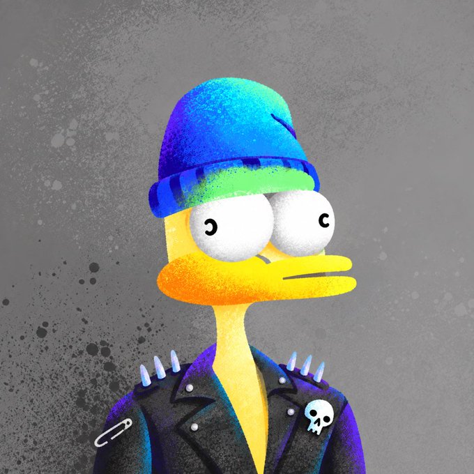 A digital 3D illustration of a yellow bird-like character (resembling a Simpsons-style figure) wearing a blue knit beanie and a black spiked leather jacket with a skull pin, against a gray splatter background.