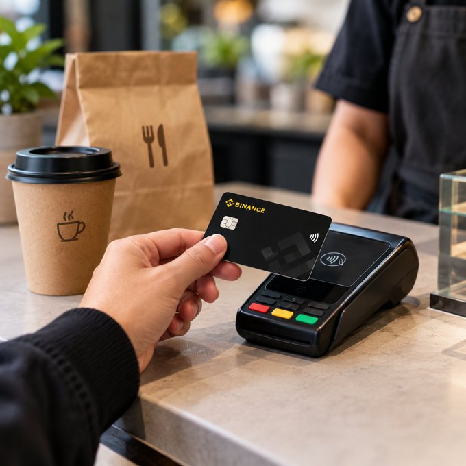 A customer at a café holds a black **Binance Card** near a contactless payment terminal, with a takeaway coffee cup and brown paper bag visible on the counter, illustrating how the card can be used for everyday purchases like lunch.