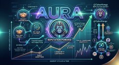 A complex digital dashboard or infographic titled "AURA" displaying various charts, graphs, and icons related to intelligence and cryptocurrency.