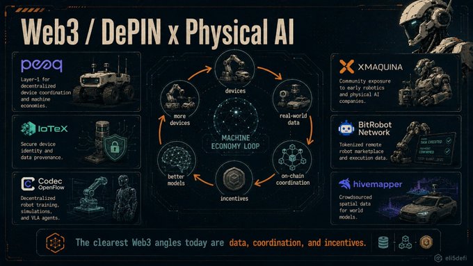 The image is an infographic titled "Web3 / DePIN x Physical AI" that maps six crypto protocols (peaq, IoTeX, Codec OpenFlow, XMAQUINA, BitRobot Network, and Hivemapper) to their roles in powering the "Machine Economy Loop"—a cycle connecting real-world devices, data, incentives, and on-chain coordination to build early rails for physical AI and robotics infrastructure.