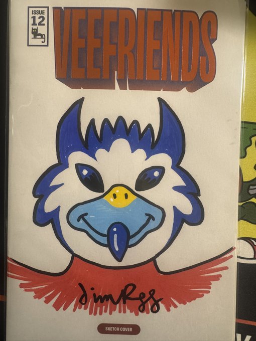 The cover of 'VEEFRIENDS' Issue 2 zine/comic featuring a hand-drawn blue and white monster character with red wings, signed by 'Jim Ross' with a 'SKETCH COVER' label.