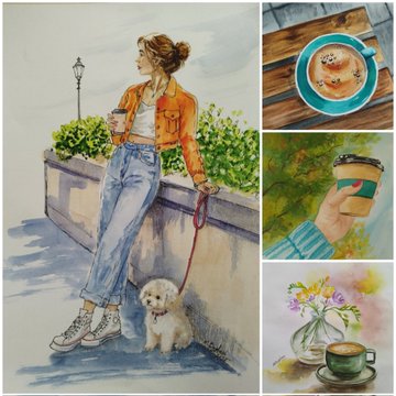 A collage of watercolor-style illustrations featuring a woman walking a small dog, a latte, a coffee cup held in hand, and flowers in a vase.