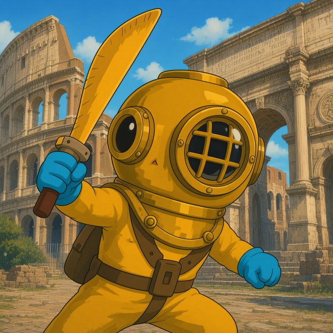 A cartoonish deep-sea diver in a yellow suit wields a machete in front of the Colosseum, evoking the "diver about to kill the Colosseum" meme format. The image pairs with the post's celebration of meme culture returning to the Sui blockchain, framing the viral comeback as an aggressive, unstoppable force ready to dominate the memecoin super cycle.
