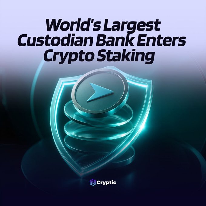 A digital illustration features a glowing teal shield protecting stacked coins, with a Telegram logo on top, beneath the headline "World's Largest Custodian Bank Enters Crypto Staking," branded by "Cryptic." The image visually reinforces the post's announcement of BNY Global launching institutional crypto staking in partnership with Galaxy.