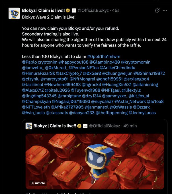 A Twitter/X post by @OfficialBlokyz announcing 'Blokyz Wave 2 Claim is Live!', listing multiple tagged usernames and noting less than 100 Blokyz left to claim #0po51ho1mlwm.