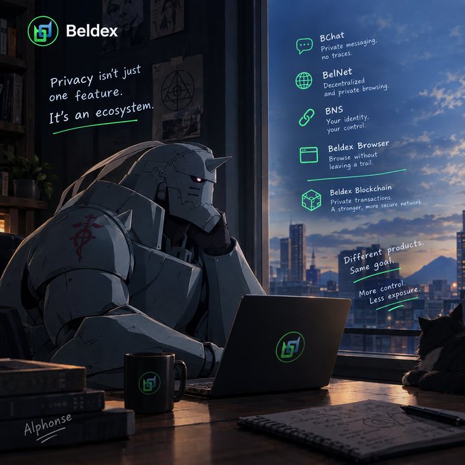 Anime-style promotional image for 'Beldex' featuring an armored character using a laptop with the Beldex logo, with text highlighting 'Privacy isn't just one feature. It's an ecosystem' and listing products including BChat, BelNet, BNS, Beldex Browser, and Beldex Blockchain.