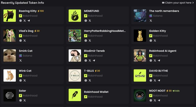 The image displays a "Recently Updated Token Info" panel featuring various meme coins and tokens, most of which are labeled as "Robinhood" chain with several also marked as "Solana," including tokens like Roaring Kitty ($100), Vlad's Dog ($30), MEMEFUND, Smirk Cat, and Robinhood Wallet. This visually supports the post's claim about how quickly money is rotating toward Robinhood chain, as the majority of recently updated tokens shown are hosted on Robinhood, illustrating the rapid shift of new bonded coins to that network.