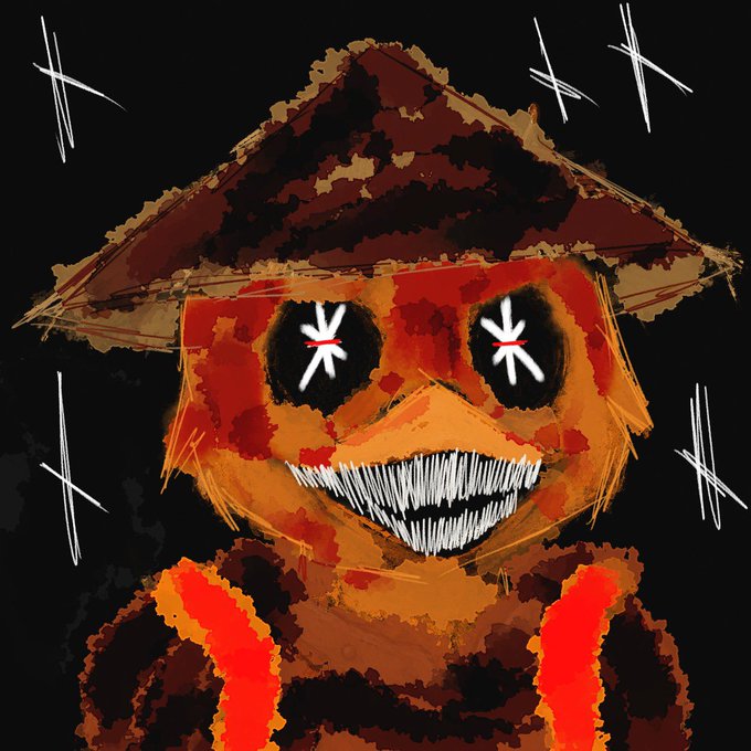 The image features an orange bird with a brown hat, giving it a unique appearance. The bird appears to be wearing a hat and has a large nose, making it look quite amusing. The background of the image consists of a black sky filled with white stars, which adds to the overall eerie atmosphere. The post includes text that reads "Gm gm 𝕏 family Welcome to a new week of blessings Thank you @the_demoonz for the 1/1 looking forward to that mint today." This message seems to be related to the image and possibly serves as a form of social media promotion or engagement with the post.