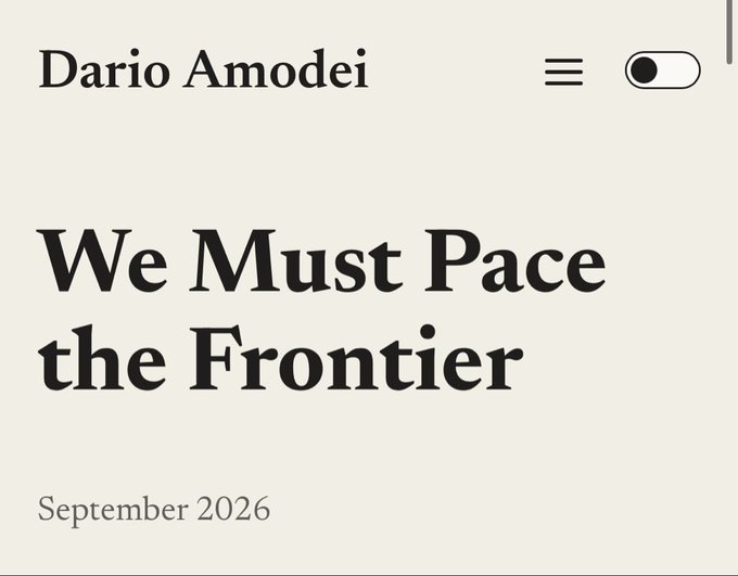 A webpage header by Dario Amodei titled 'We Must Pace the Frontier', dated September 2026, featuring a menu icon and a dark mode toggle.