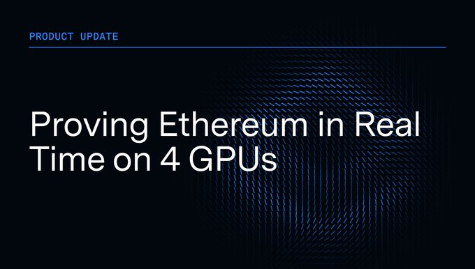 Dark product update page titled 'Proving Ethereum in Real Time on 4 GPUs' with a blue wave pattern background.
