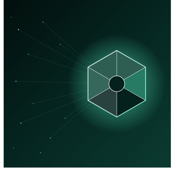 A digital illustration of a glowing teal hexagonal shape with a central black circle on a dark green background, with light rays emanating outward to small dots.