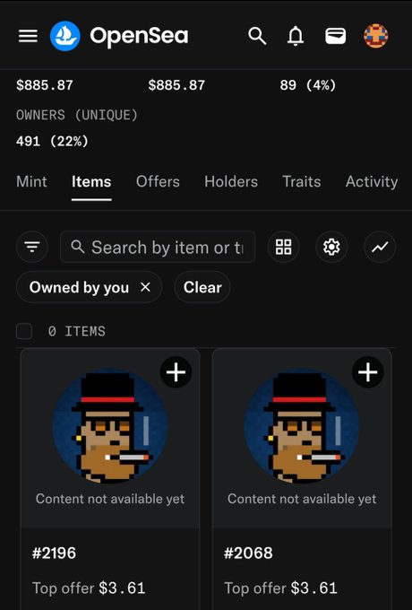 OpenSea mobile app showing a collection with $885.87 stats, 89 (4%) listed, and 491 (22%) unique owners, displaying NFT items #2196 and #2068 with pixel art characters labeled 'Content not available yet' and top offers of $3.61.