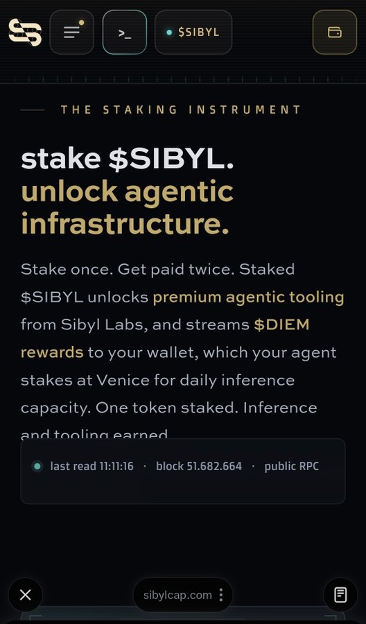 A mobile screenshot of a crypto staking platform showing 'stake $SIBYL. unlock agentic infrastructure.' with the URL sibylcap.com at the bottom.