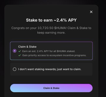 A dark-themed pop-up titled "Stake to earn ~2.4% APY" congratulates the user on claiming 10,720.50 $HUMA, with options to either "Claim & Stake" for the est. 2.4% APY and priority ecosystem access or to claim without staking. This corresponds to the user's post about staking their remaining 50% HUMA S4 airdrop of 10,720 $HUMA at a current price of $0.023.