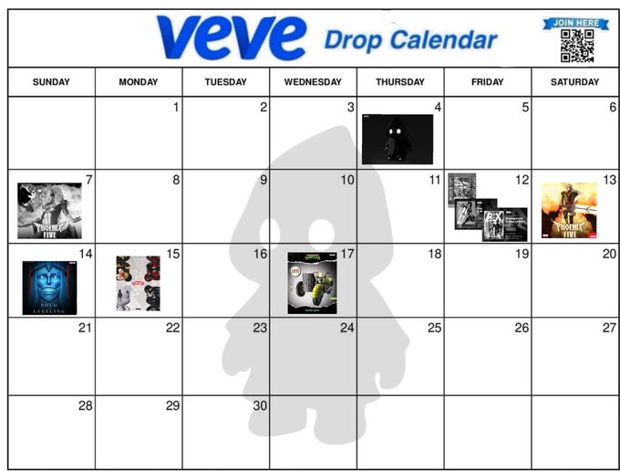 The image features a white wall with a large, colorful calendar that displays the days of the week for each month along with various images of different types of music. The calendar also includes a small cartoon character or mascot representing the brand Veve. The text on the calendar reads "Updated Veve drop calendar $omi #vevefam @veve_official".