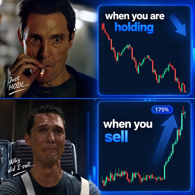 A meme featuring two panels of a distressed man, with the top labeled 'when you are holding' showing a declining stock chart, and the bottom labeled 'when you sell' showing the chart surging 175%.