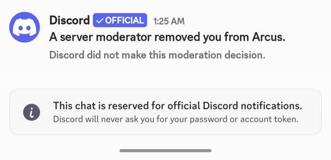 A Discord notification screenshot indicating that "A server moderator removed you from Arcus," with a warning that "Discord did not make this moderation decision."