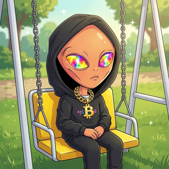 A cartoon illustration shows an alien character with rainbow-colored eyes wearing a black hoodie with 'MilBs' written in pink and a gold Bitcoin chain, sitting on a yellow swing in a park.