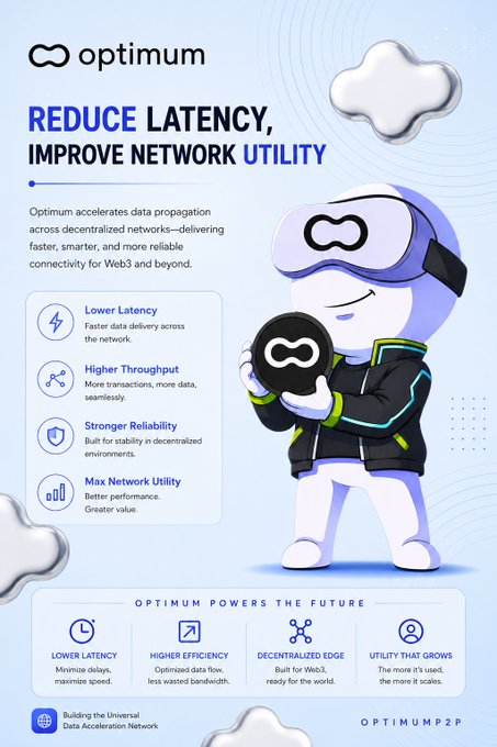 A promotional graphic for 'optimum' shows a cartoon character in a VR headset holding a token, with the tagline 'REDUCE LATENCY, IMPROVE NETWORK UTILITY' and lists benefits like lower latency, higher throughput, and stronger reliability.