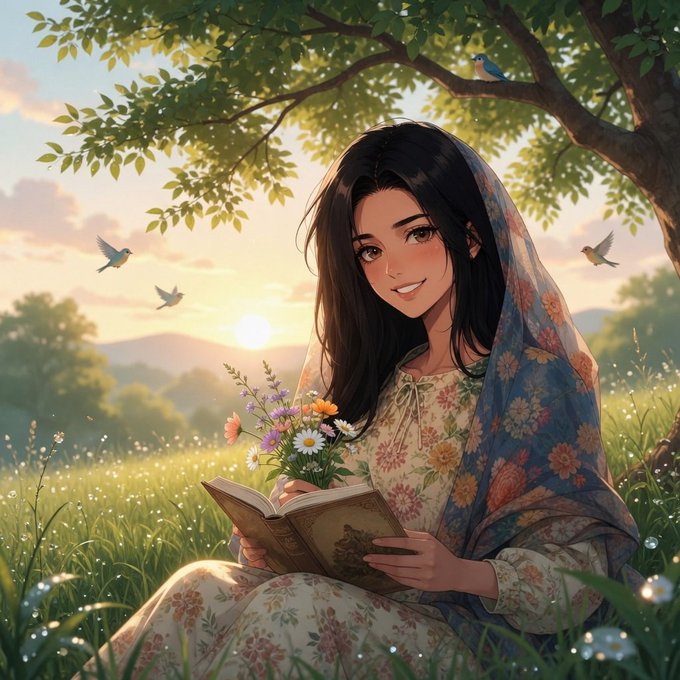 The image features a beautiful young woman sitting under a tree with flowers around her. She is holding an open book while wearing a floral dress. The scene appears to be set outdoors, possibly during sunset or dusk. There are birds flying nearby, adding to the serene atmosphere of the picture.
