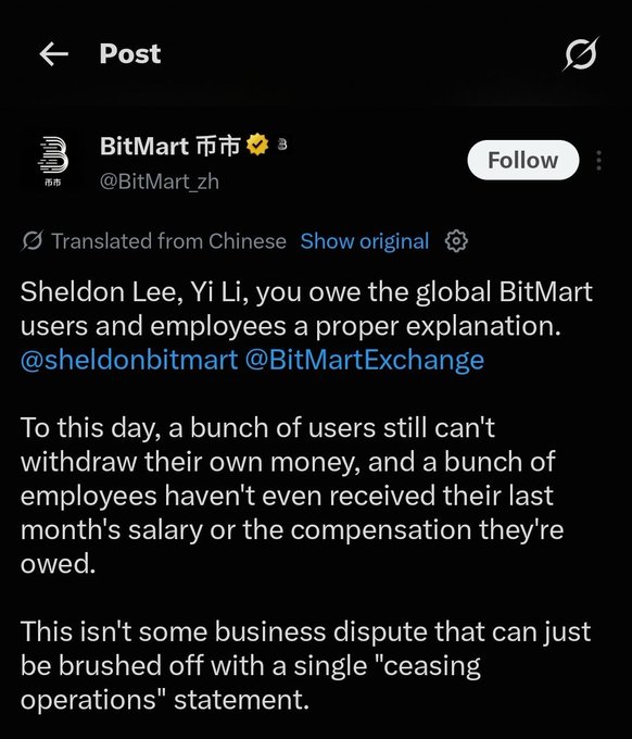 A translated tweet from BitMart (币市) @BitMart_zh addressing @sheldonbitmart and @BitMartExchange, demanding explanations for users unable to withdraw funds and unpaid employees.
