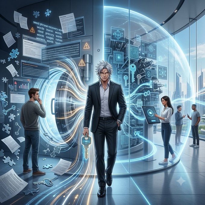 An anime-style illustration shows a white-haired man in a suit holding a glowing key, standing before a massive digital vault door with floating documents and code, while other figures interact with holographic interfaces around him.