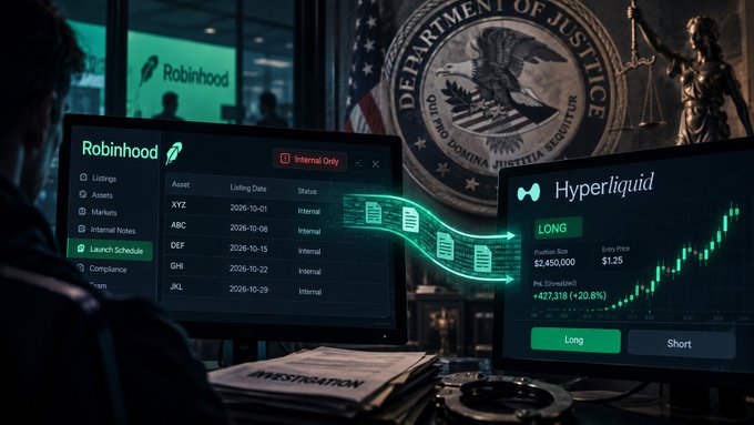 A cinematic illustration depicting a person at a computer with a 'Robinhood' launch schedule interface, with data flowing to a 'Hyperliquid' trading platform, set against a Department of Justice backdrop.