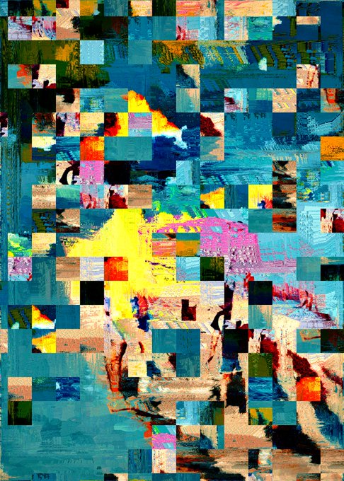 An abstract digital artwork composed of pixelated blocks of blue, green, yellow, and pink, forming a fragmented, mosaic-like composition.