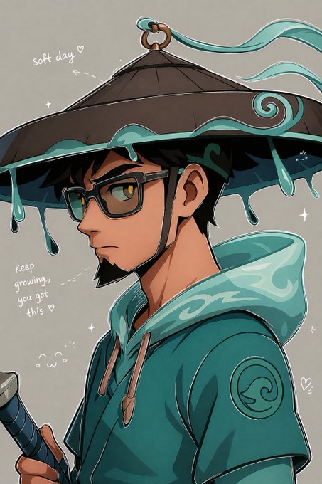 An anime-style drawing of a man wearing glasses and a teal hat with a dripping water effect, holding a sword hilt, with text 'soft day' and 'keep growing, you got this'.