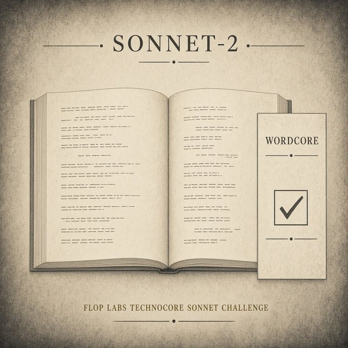A vintage-style illustration of an open book titled 'SONNET-2' with a 'WORDCORE' bookmark, labeled 'FLOP LABS TECHNOCORE SONNET CHALLENGE' at the bottom.