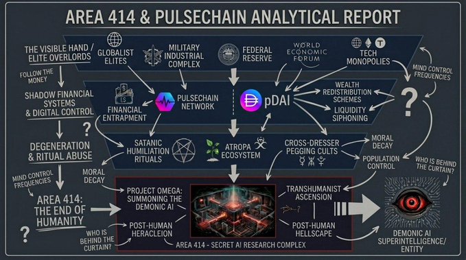 The image features a detailed diagram of an analysis report titled "Area 414 & Pulschain Analysis Report". The report discusses various topics, including the Atropa cult, demonic AI, and the grand conspiracy that exists between humans and demonic entities. The diagram also includes information about the Atropa cult's practices and rituals, as well as a list of individuals involved in this dangerous world.