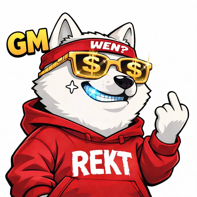 A cartoon husky dog character wearing a red hoodie with 'REKT' printed on it, gold sunglasses with dollar signs, and a red headband saying 'WEN?', with 'GM' text in the upper left.
