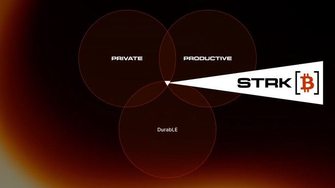 Dark-themed graphic with a Venn diagram containing 'PRIVATE', 'PRODUCTIVE', and 'Durable' circles, with a white triangular logo reading 'STRK[B]' pointing to the intersection.