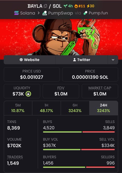 A cryptocurrency tracking screen shows BAYLA/SOL trading on Solana via PumpSwap and Pump.fun, priced at $0.001027 with a market cap of $1.0M, displaying 8,369 transactions, $702K volume, and 1,549 traders.
