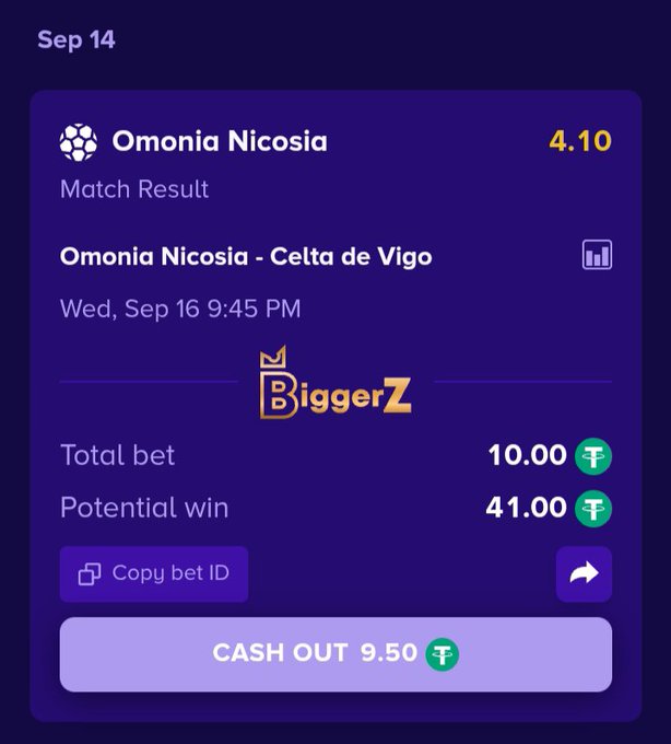 A betting app interface showing a match result bet on Omonia Nicosia vs Celta de Vigo at odds of 4.10, with a total bet of 10.00, potential win of 41.00, and a cash out option of 9.50 on the BiggerZ platform.