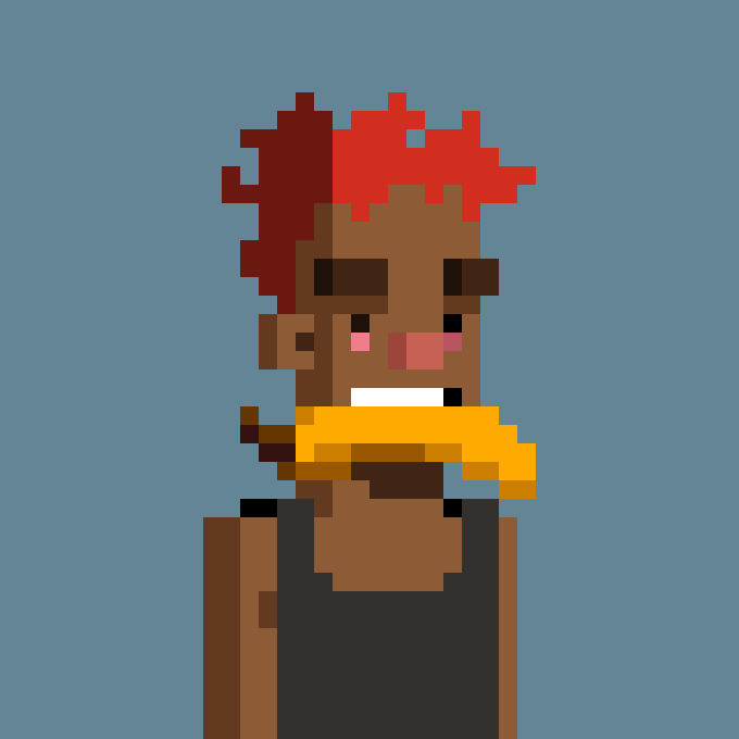 A pixel art portrait of a character with brown skin, red hair, and a yellow scarf against a blue background.