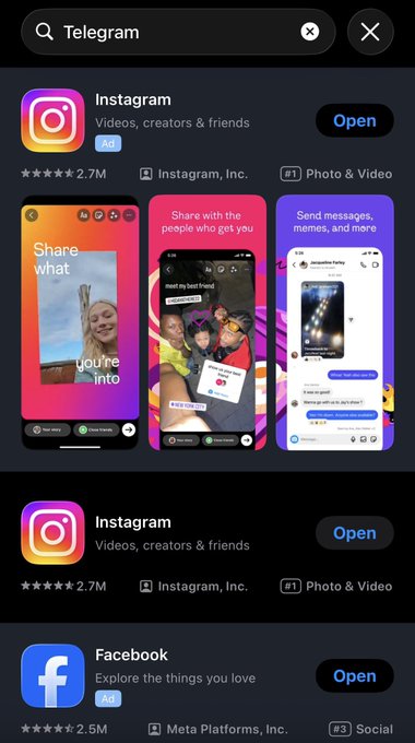 An App Store search results page displays Instagram as the top result with 2.7M reviews, alongside a Facebook listing, with search field showing 'Telegram'.