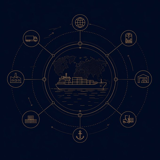 A dark blue and gold infographic showing a cargo ship at the center of a circular diagram, surrounded by connected icons representing a globe, truck, train, factory, warehouse, forklift, anchor, and shipping container, with arrows suggesting global trade flow.