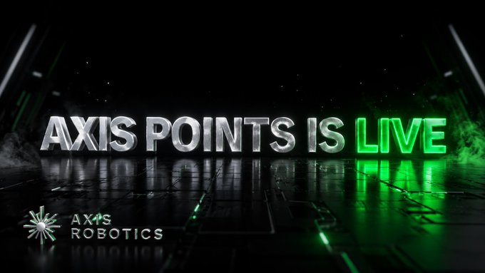 A graphic announcement with metallic and green neon text reading 'AXIS POINTS IS LIVE' on a dark reflective floor, with the 'AXIS ROBOTICS' logo in the bottom left.