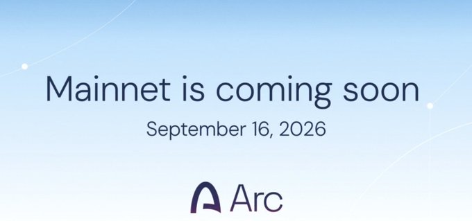 The image is a promotional graphic with a soft blue gradient background announcing "Mainnet is coming soon" in large text, followed by the date "September 16, 2026" and the Arc logo at the bottom. It directly supports the post's announcement of Arc's mainnet launch, reinforcing the date and the community's excitement to "Build on Arc."