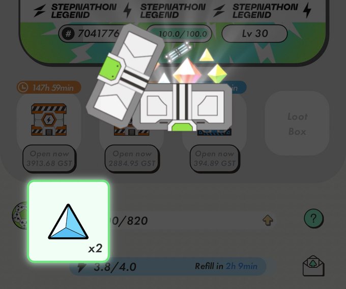 A mobile game screenshot showing 'STEPNATHON LEGEND' loot boxes being opened, with rewards of glowing gems (x2) and a Lv 30 Jogger sneaker NFT.