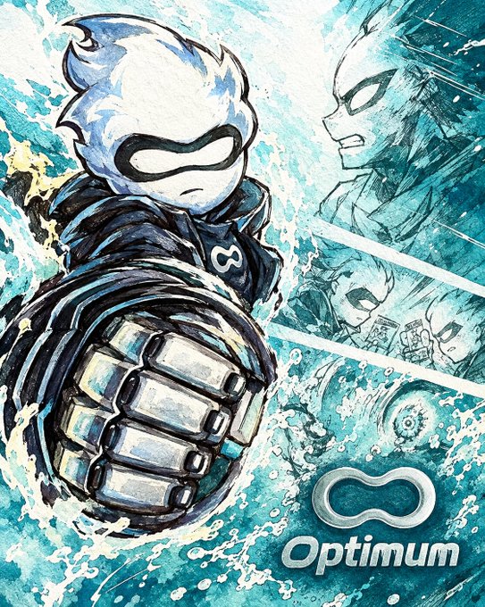 Digital artwork of a masked character with white flame-like hair punching toward the viewer, with the text 'Optimum' and an infinity-like logo visible.