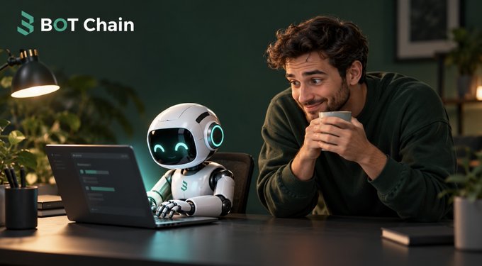 A promotional image for 'BOT Chain' showing a young man smiling while watching a small white robot type on a laptop in a cozy room setting.