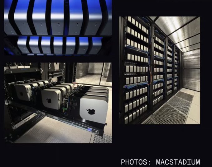 A composite image labeled 'PHOTOS: MACSTADIUM' shows Apple Mac Pro computer units mounted in professional server rack configurations in a data center environment.